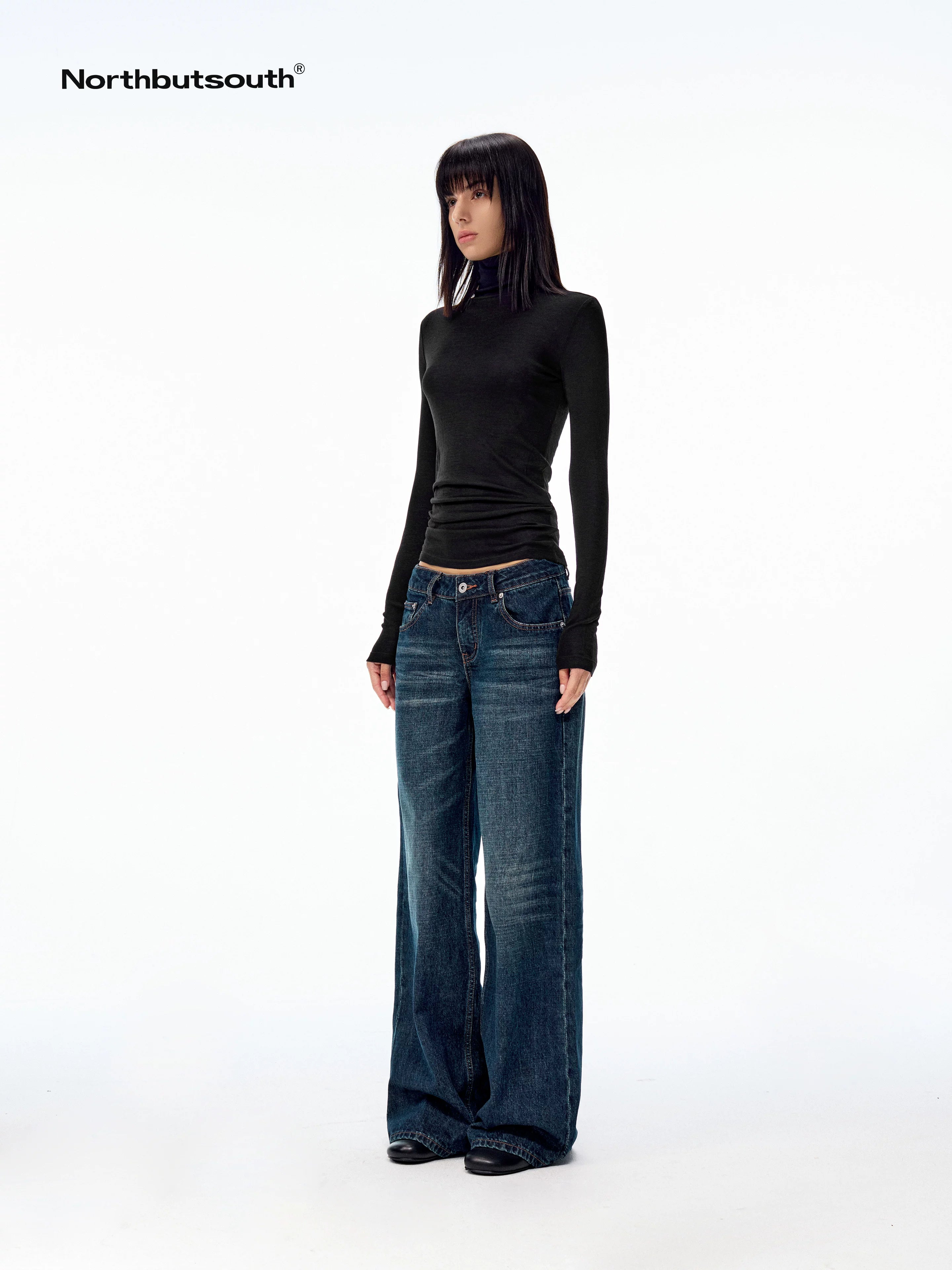 Dark Indigo Slub Texture Retro Low Rise Casual Women&