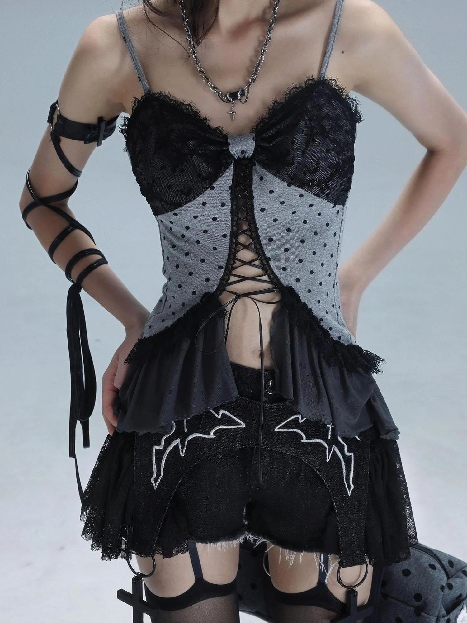 Dark Lace Denim Shorts Detachable Bow Cross