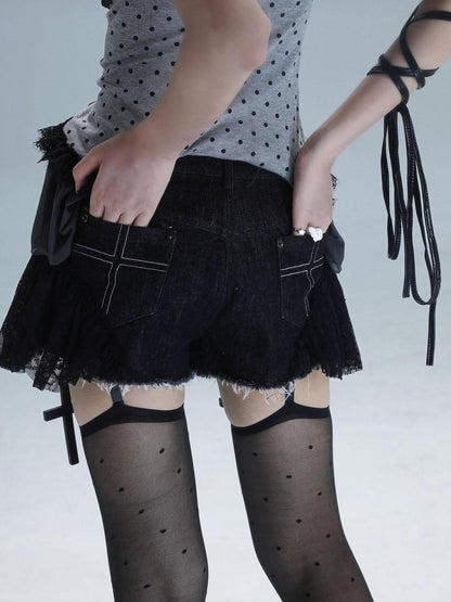WSW WUSHENWU Dark Lace Denim Shorts Detachable Bow Cross