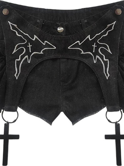 WSW WUSHENWU Dark Lace Denim Shorts Detachable Bow Cross