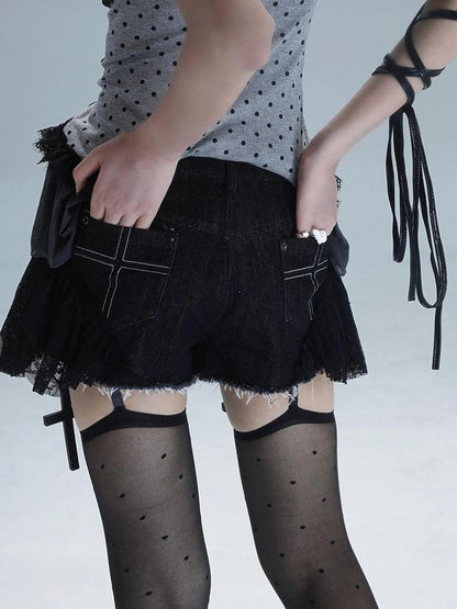 Dark Lace Denim Shorts Detachable Bow Cross