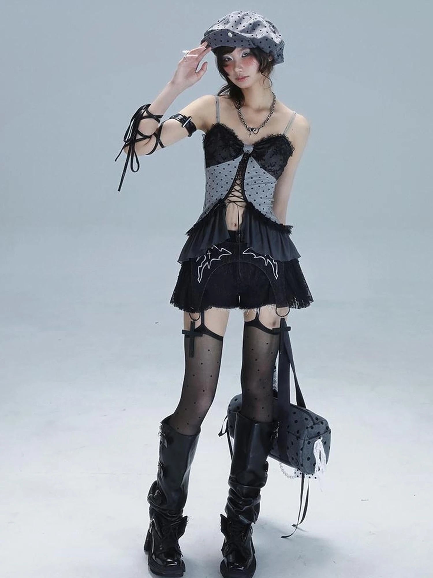 Dark Lace Denim Shorts Detachable Bow Cross