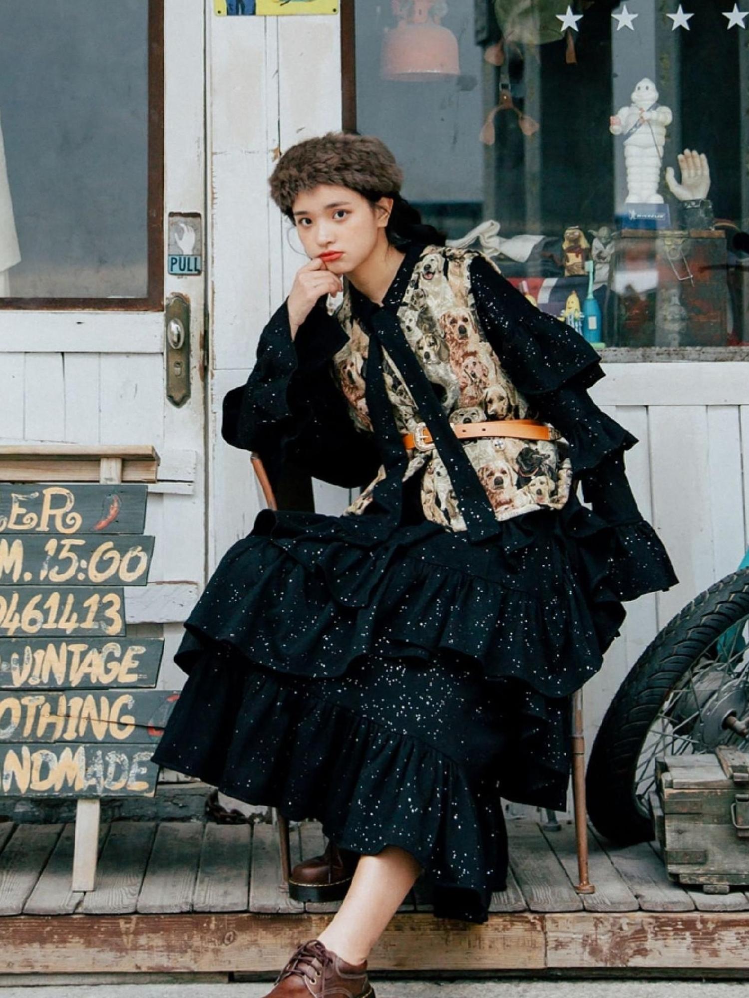 Sweet Mi Dark Lolita Witch Pleated Sequin Gown