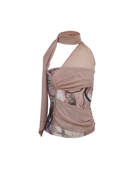 Flowy  Mesh Halter Top With Lace Trim