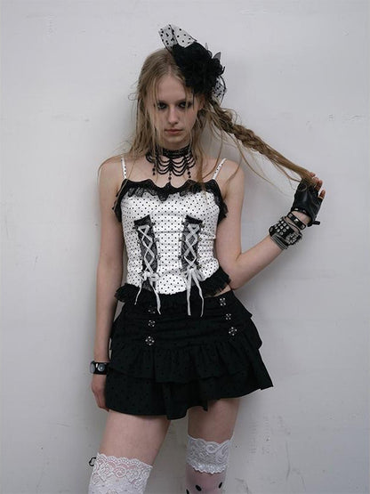NO ROMANCE Dark Punk Ballet Dot Elastic Fluffy Mini Skirt Dresses
