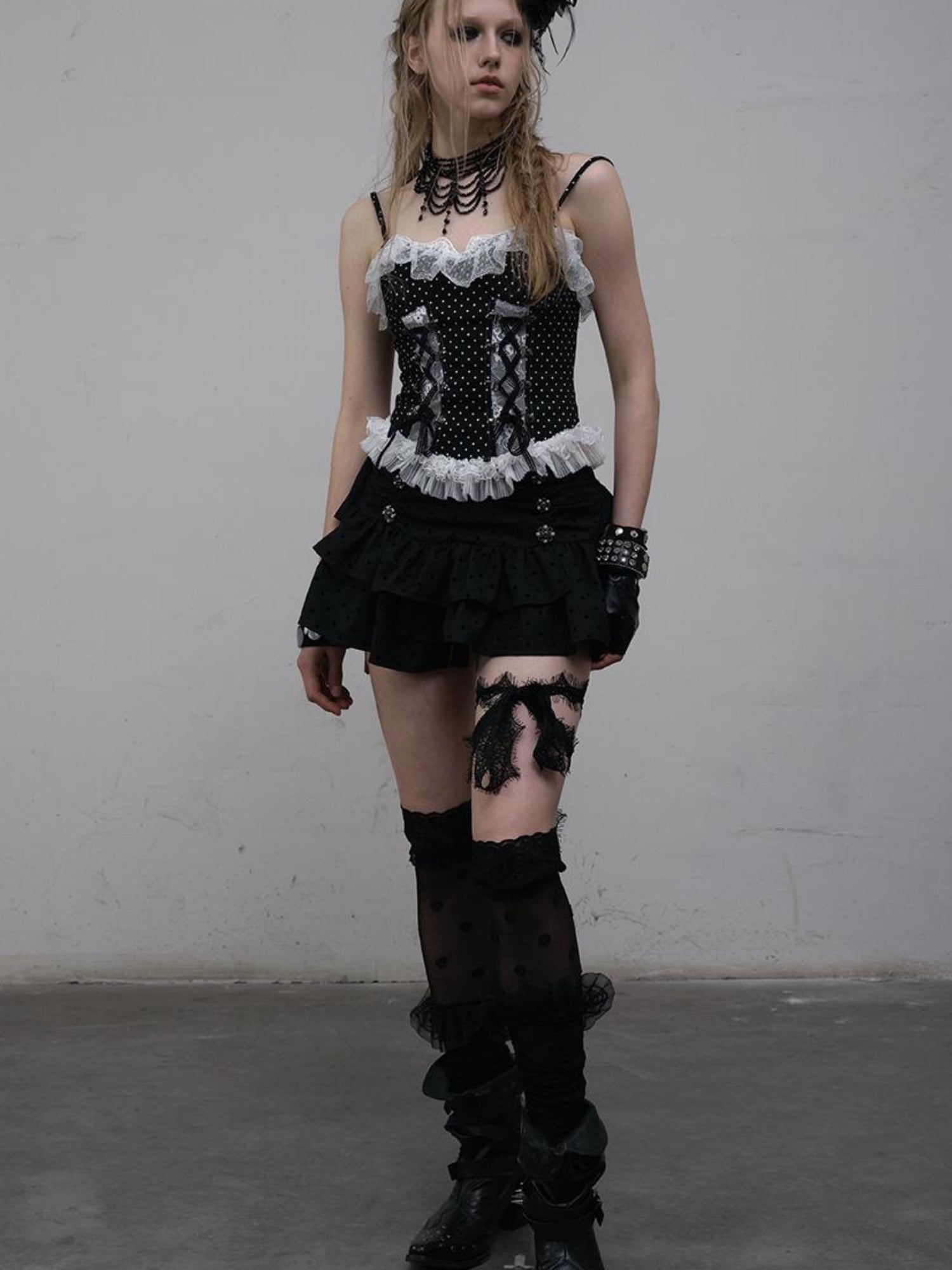 NO ROMANCE Dark Punk Ballet Dot Elastic Fluffy Mini Skirt Dresses
