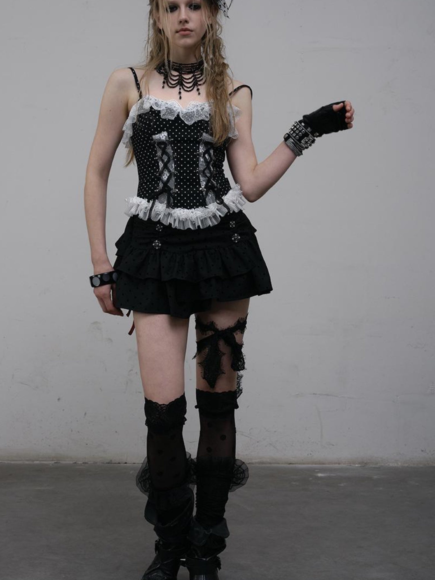 NO ROMANCE Dark Punk Ballet Dot Elastic Fluffy Mini Skirt Dresses