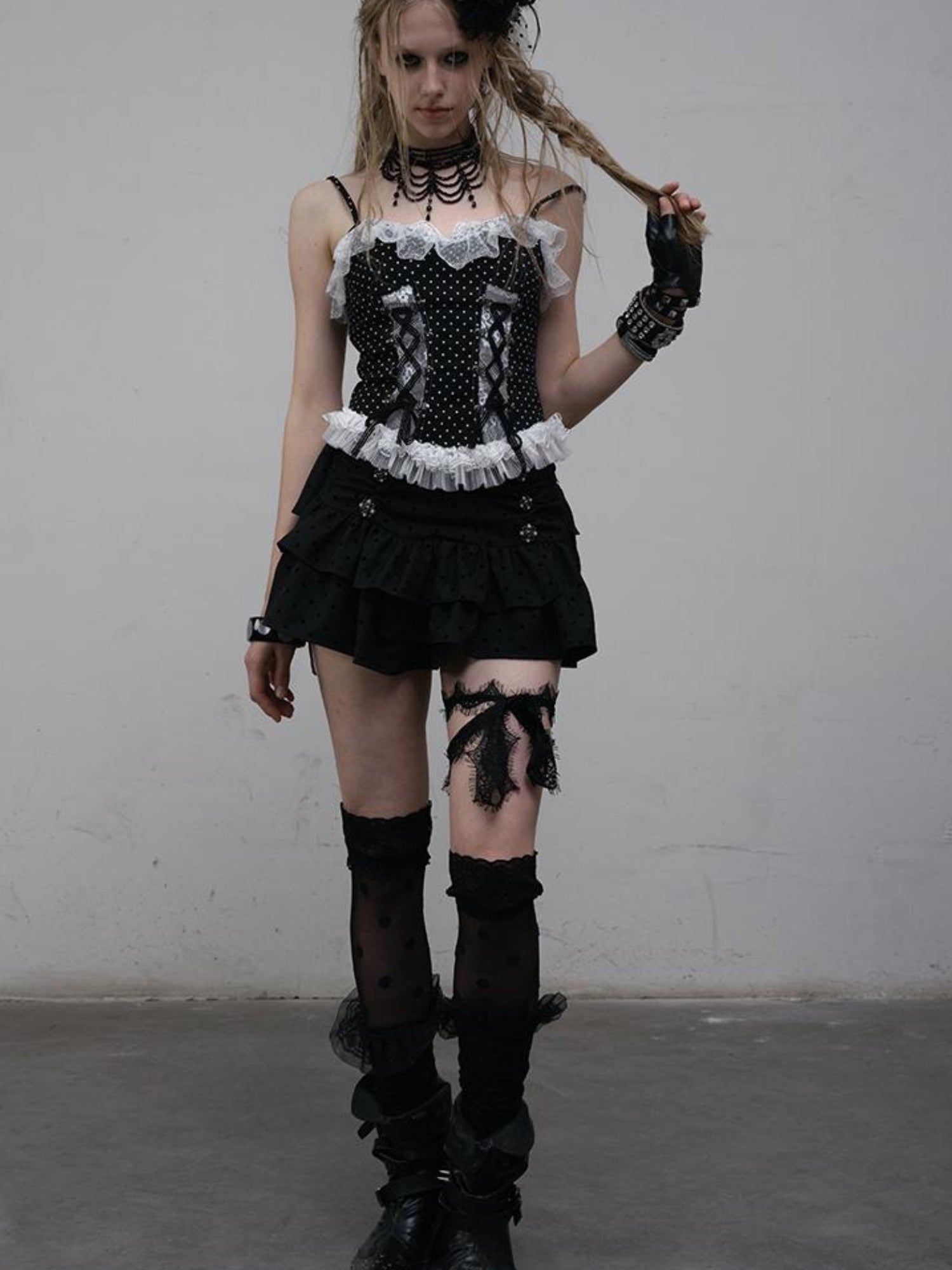 NO ROMANCE Dark Punk Ballet Dot Elastic Fluffy Mini Skirt Dresses