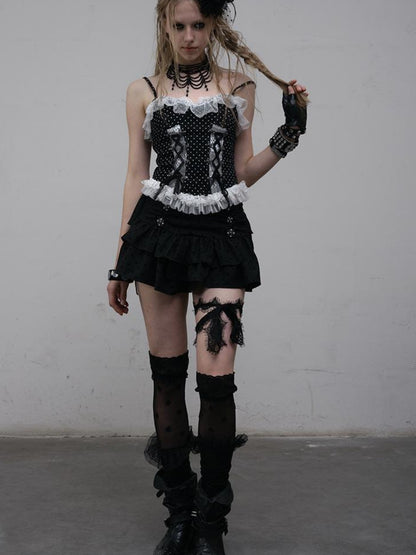 NO ROMANCE Dark Punk Ballet Dot Elastic Fluffy Mini Skirt Dresses