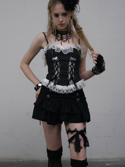 NO ROMANCE Dark Punk Ballet Dot Elastic Fluffy Mini Skirt Dresses