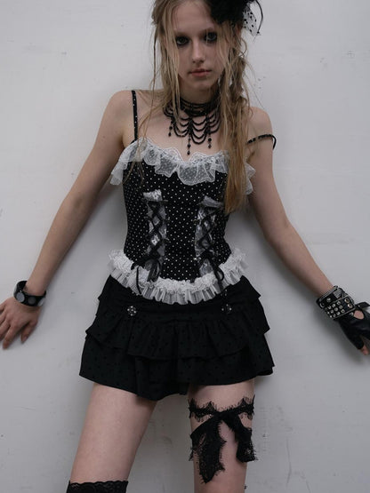 NO ROMANCE Dark Punk Ballet Dot Elastic Fluffy Mini Skirt Dresses
