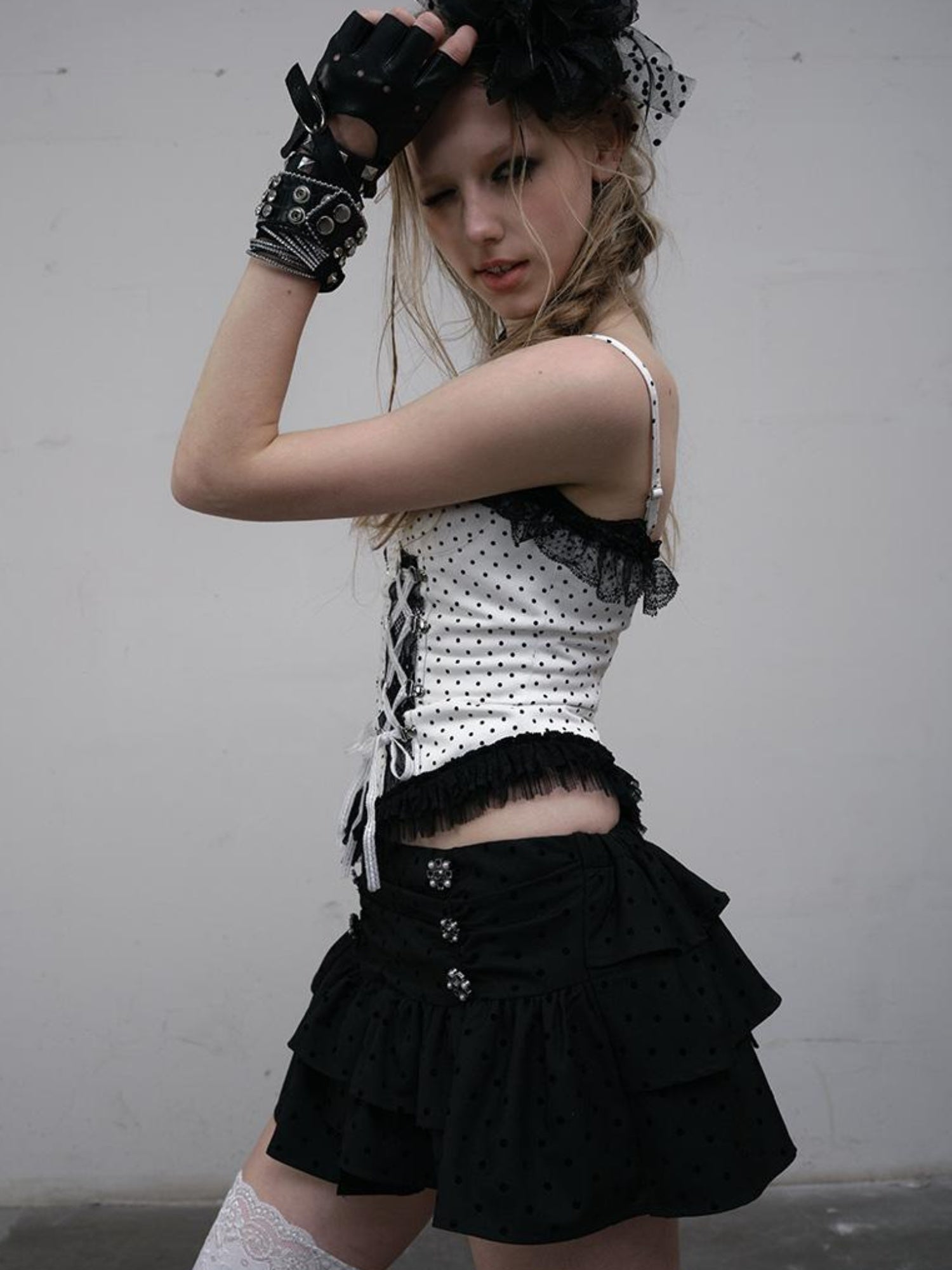 NO ROMANCE Dark Punk Ballet Dot Elastic Fluffy Mini Skirt Dresses