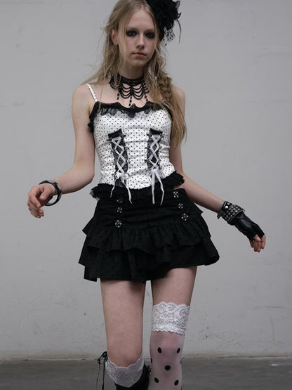 NO ROMANCE Dark Punk Ballet Dot Elastic Fluffy Mini Skirt Dresses