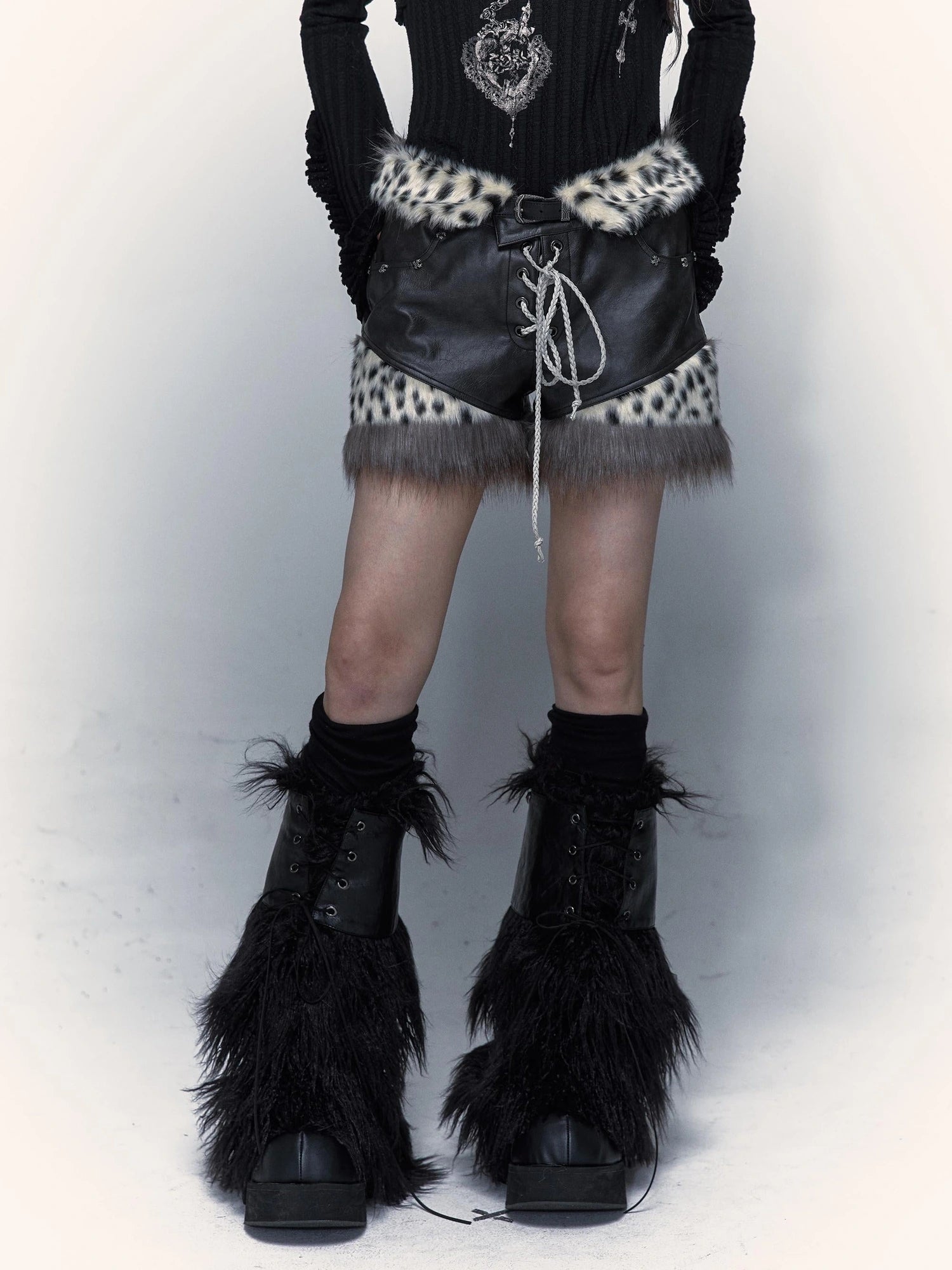 Dark Punk Harajuku Y2K Faux Fur Leather Shorts