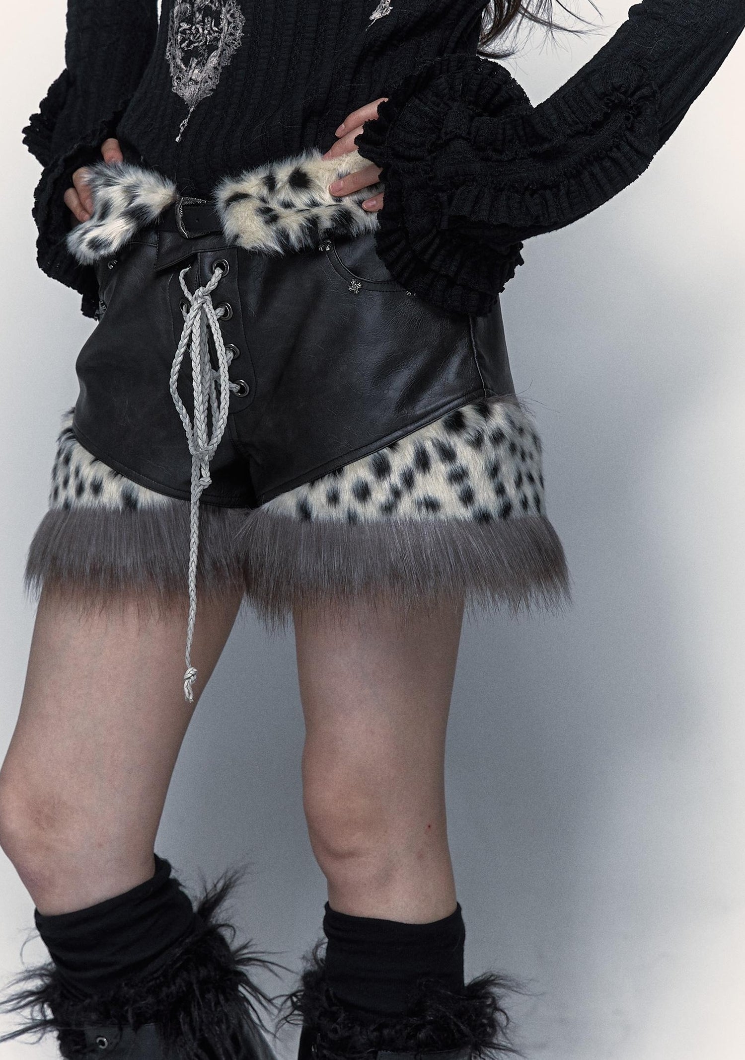 NO ROMANCE Dark Punk Harajuku Y2K Faux Fur Leather Shorts