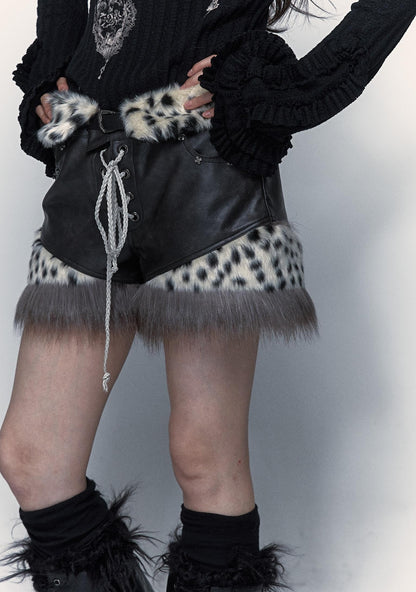 NO ROMANCE Dark Punk Harajuku Y2K Faux Fur Leather Shorts