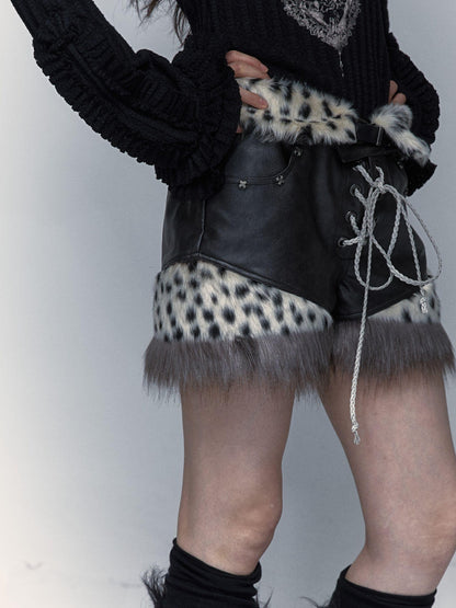 NO ROMANCE Dark Punk Harajuku Y2K Faux Fur Leather Shorts