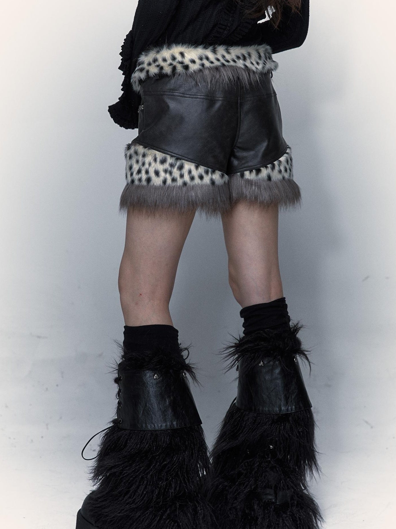 NO ROMANCE Dark Punk Harajuku Y2K Faux Fur Leather Shorts