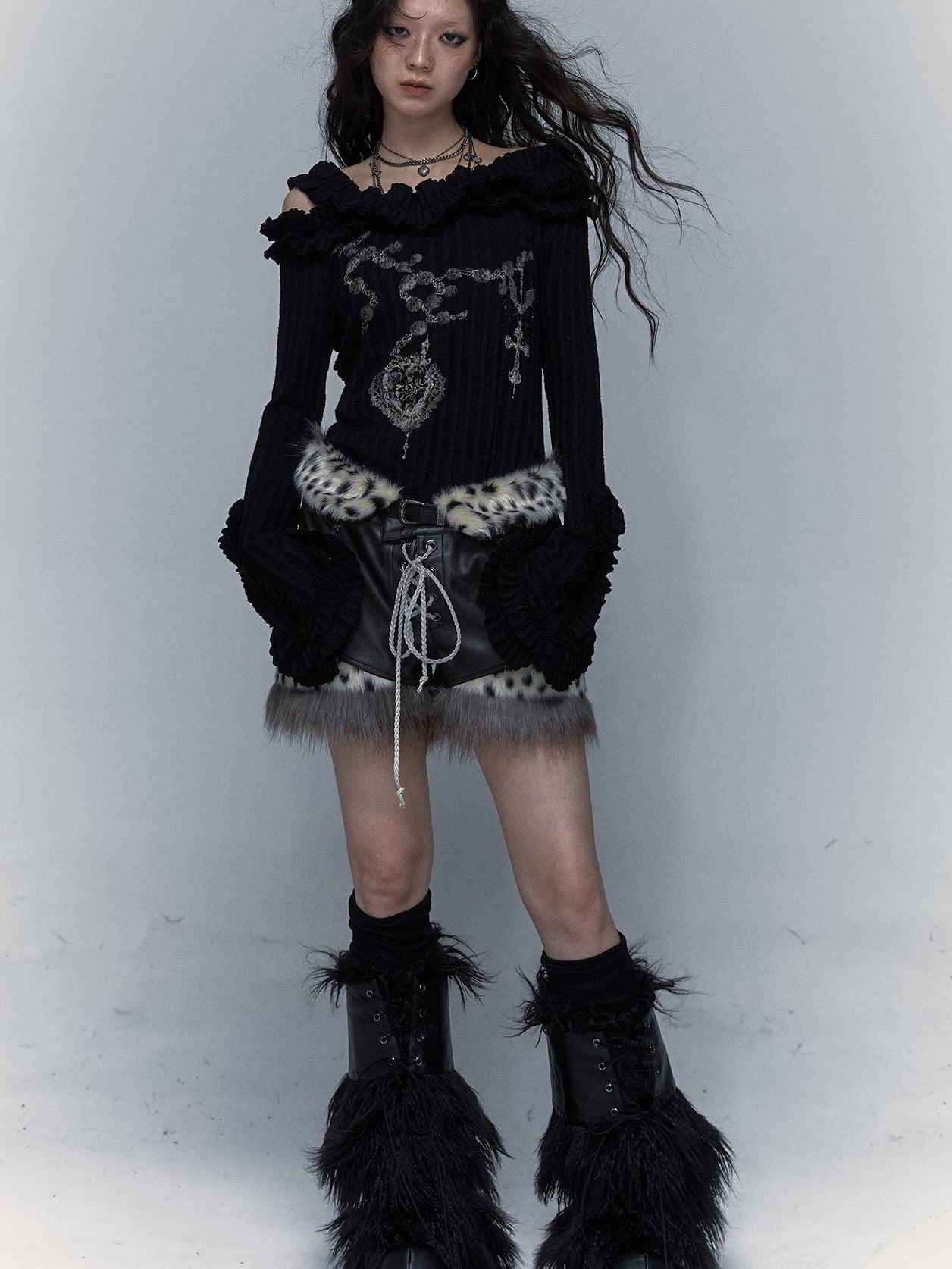 NO ROMANCE Dark Punk Harajuku Y2K Faux Fur Leather Shorts