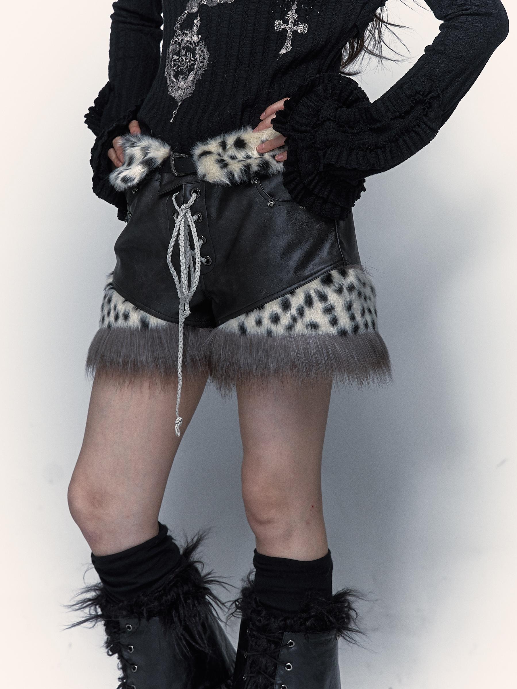 NO ROMANCE Dark Punk Harajuku Y2K Faux Fur Leather Shorts