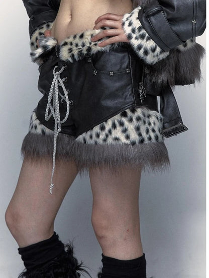 Dark Punk Harajuku Y2K Faux Fur Leather Shorts