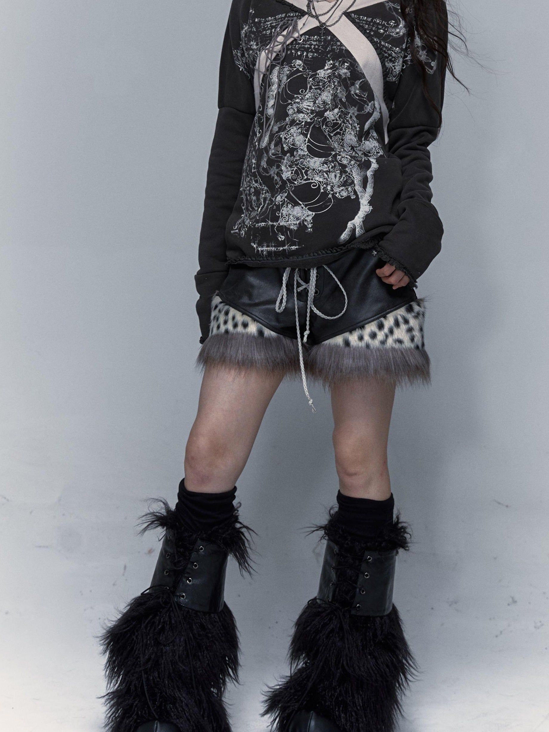 NO ROMANCE Dark Punk Harajuku Y2K Faux Fur Leather Shorts