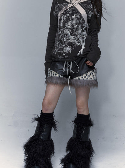 NO ROMANCE Dark Punk Harajuku Y2K Faux Fur Leather Shorts