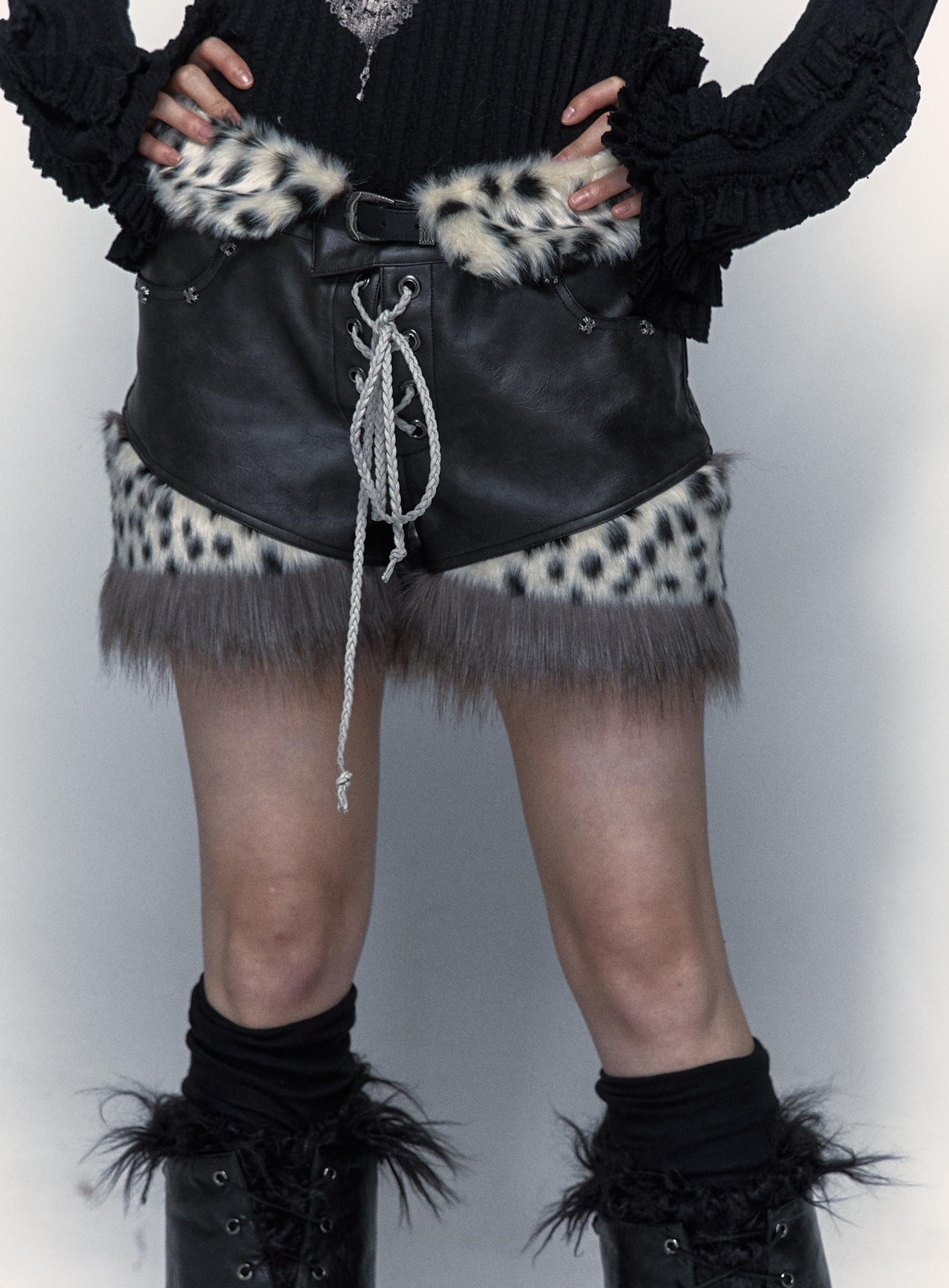 NO ROMANCE Dark Punk Harajuku Y2K Faux Fur Leather Shorts