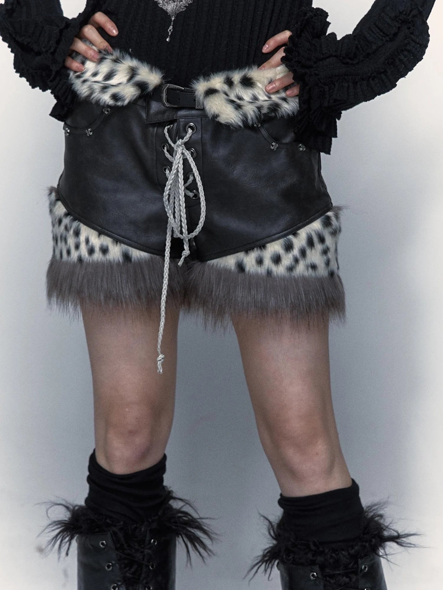 Dark Punk Harajuku Y2K Faux Fur Leather Shorts