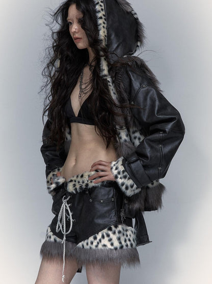 NO ROMANCE Dark Punk Harajuku Y2K Faux Fur Leather Shorts