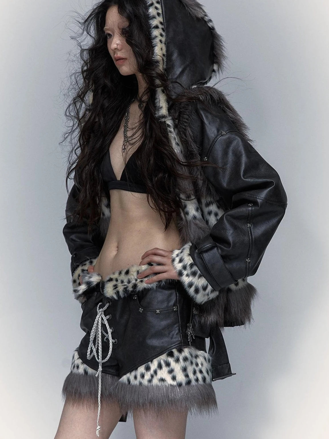Dark Punk Harajuku Y2K Faux Fur Leather Shorts