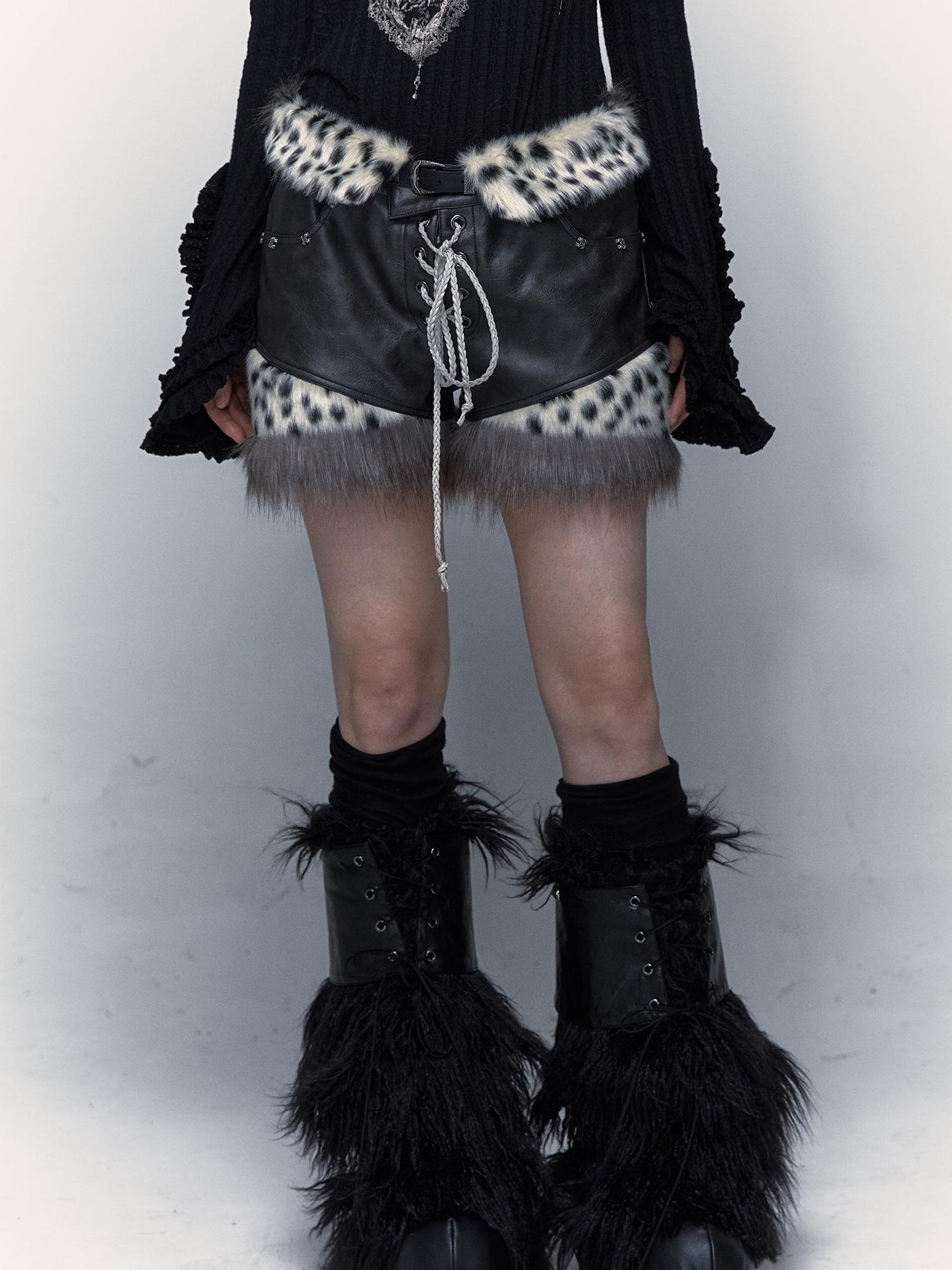 NO ROMANCE Dark Punk Harajuku Y2K Faux Fur Leather Shorts