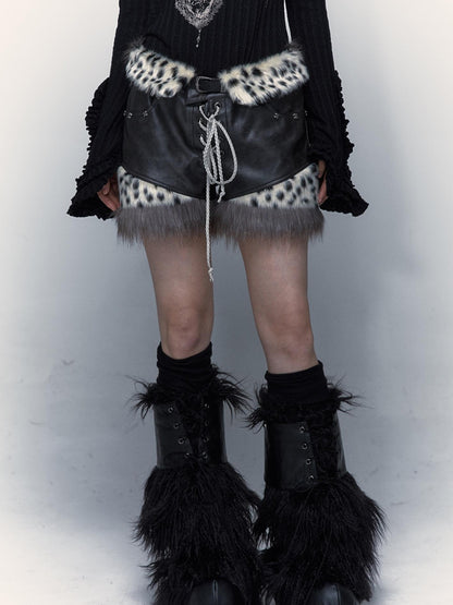 NO ROMANCE Dark Punk Harajuku Y2K Faux Fur Leather Shorts
