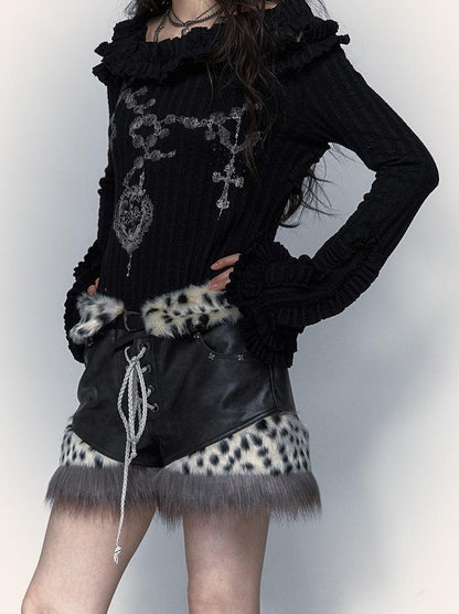 NO ROMANCE Dark Punk Harajuku Y2K Faux Fur Leather Shorts