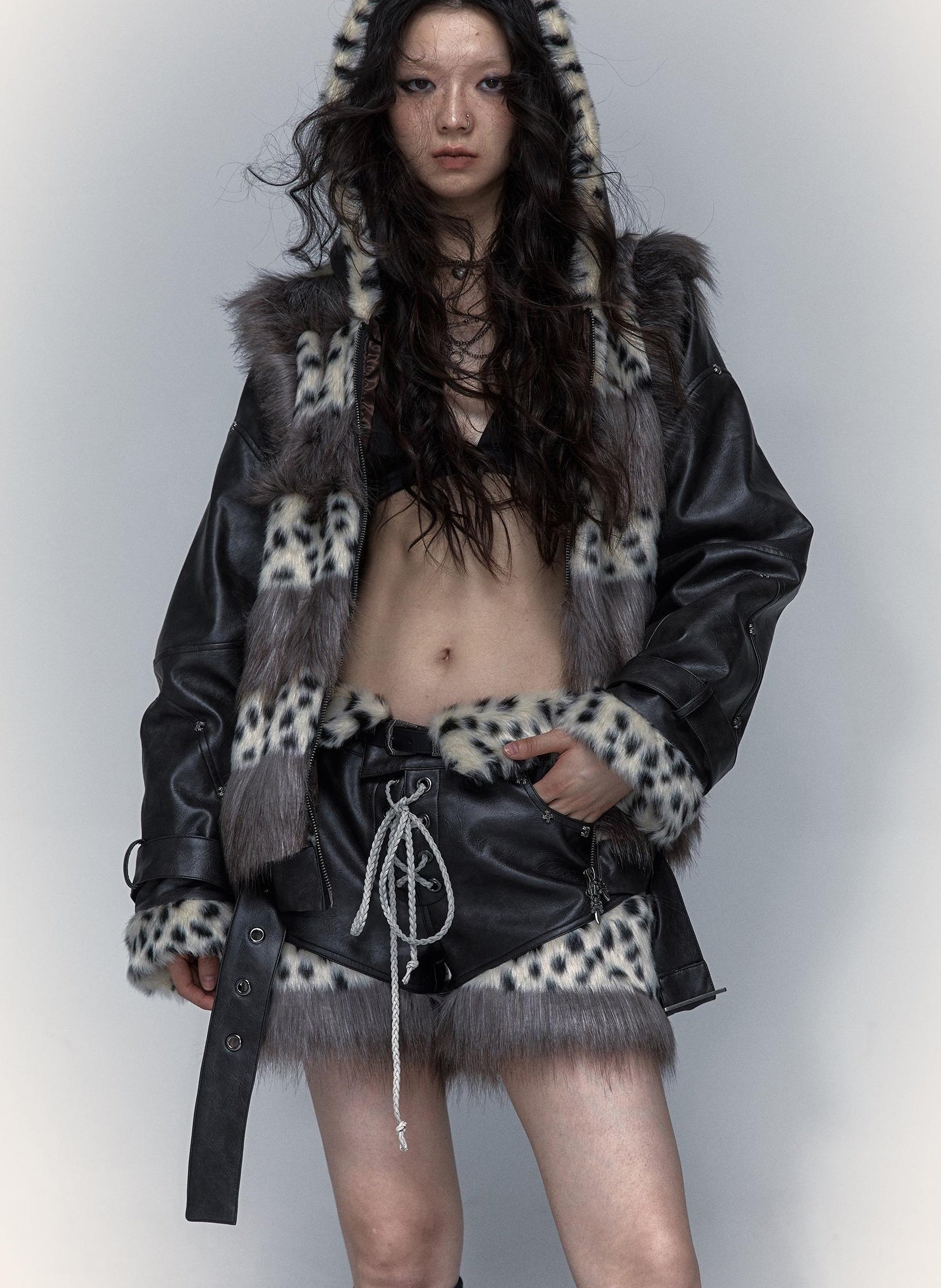 NO ROMANCE Dark Punk Harajuku Y2K Faux Fur Leather Shorts