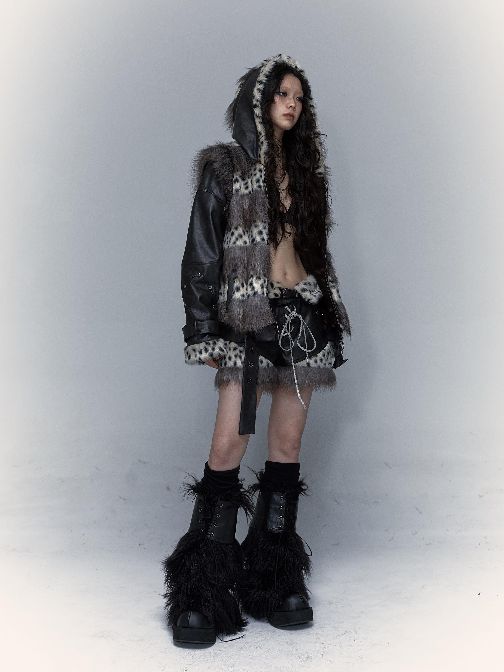 NO ROMANCE Dark Punk Harajuku Y2K Faux Fur Leather Shorts