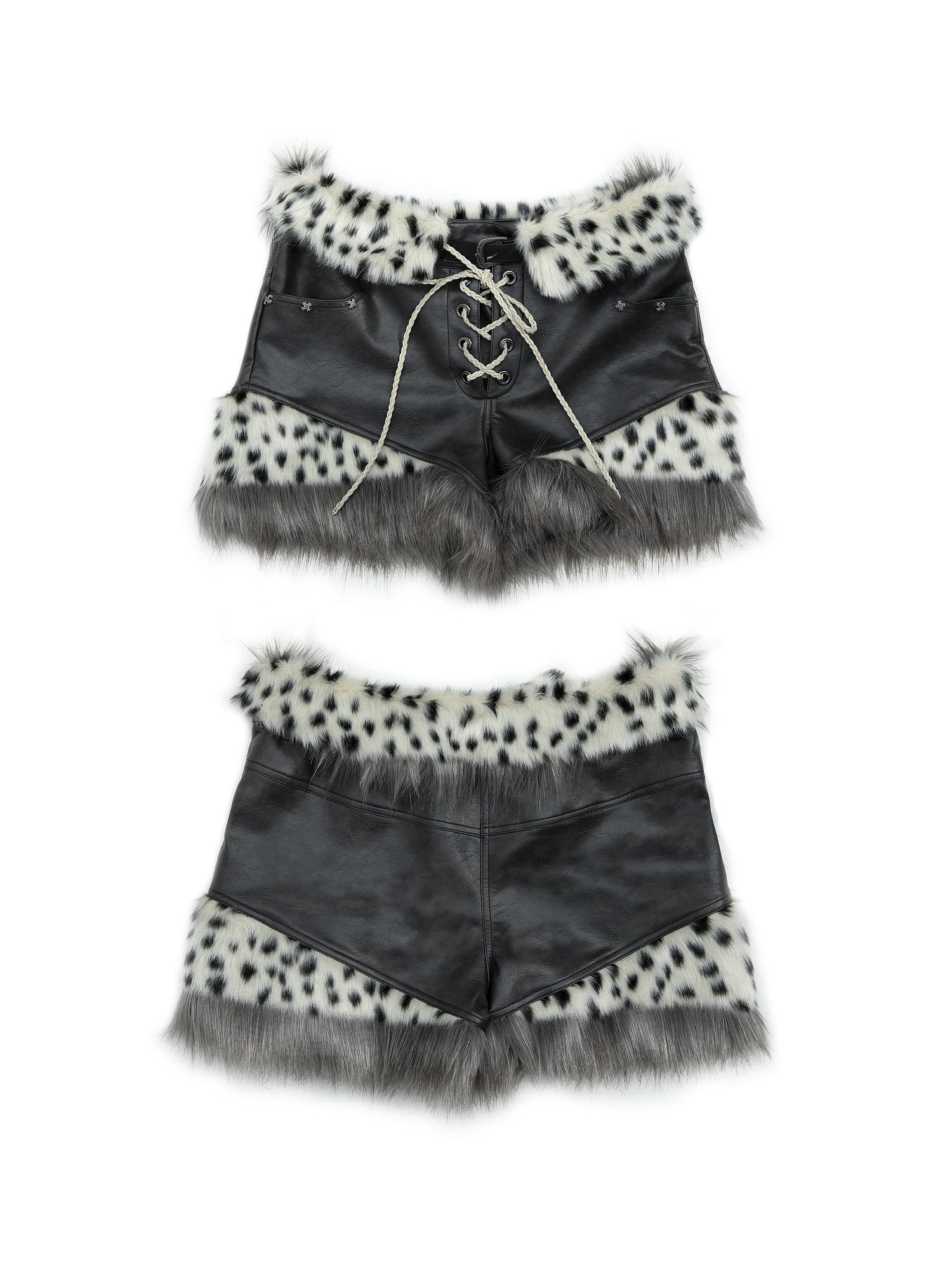 NO ROMANCE Dark Punk Harajuku Y2K Faux Fur Leather Shorts