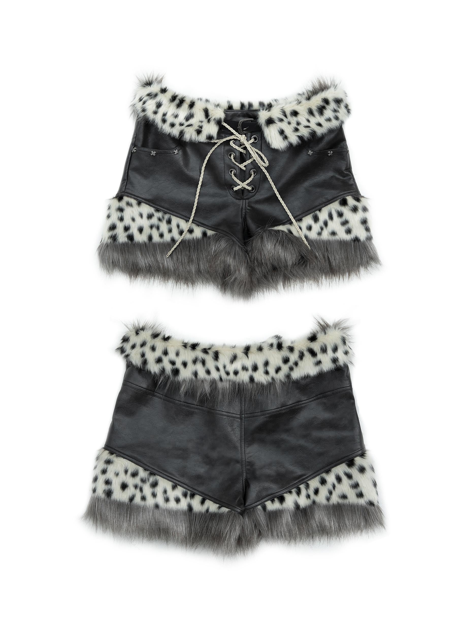 NO ROMANCE Dark Punk Harajuku Y2K Faux Fur Leather Shorts