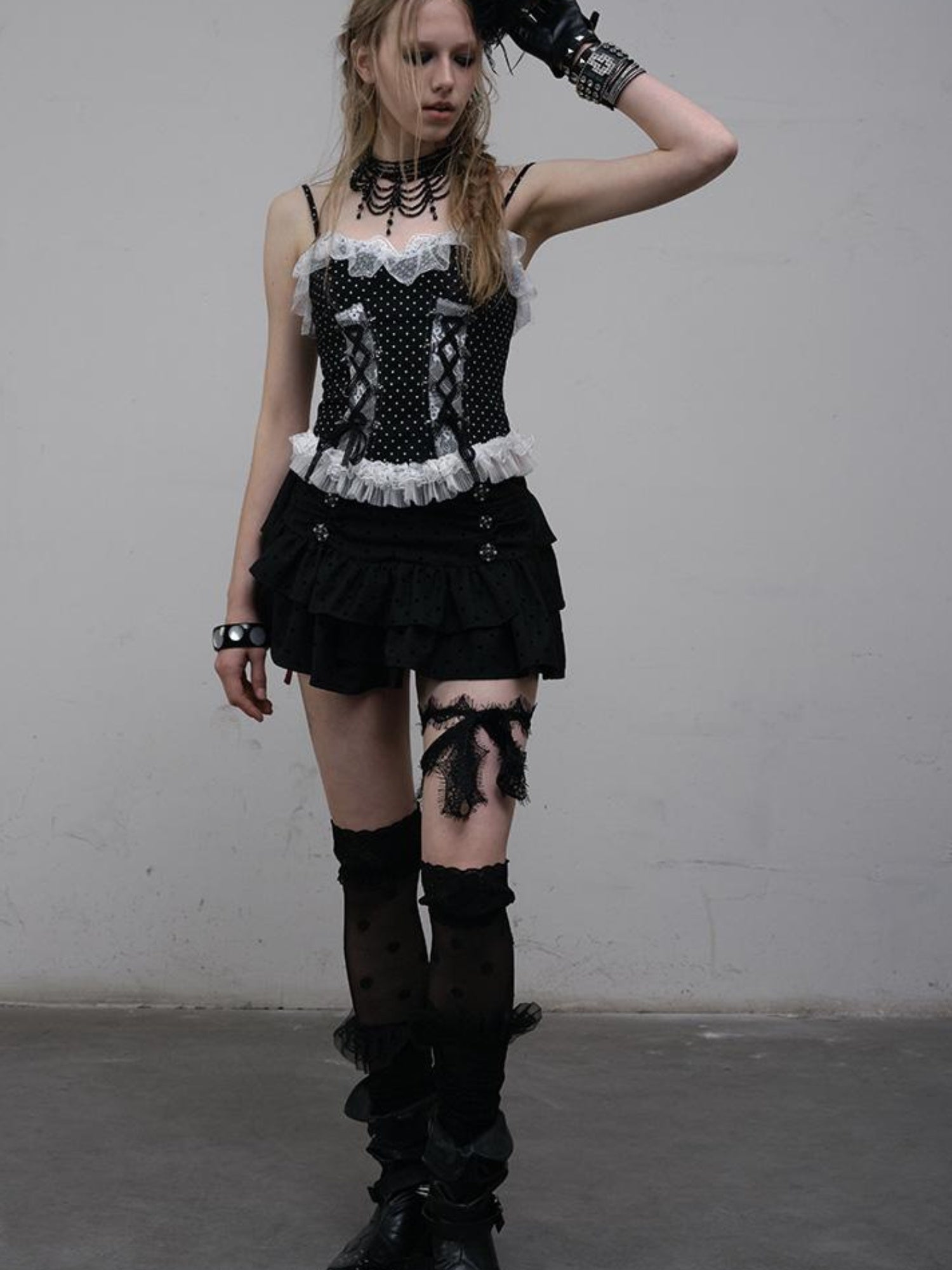 NO ROMANCE Dark Punk Lace Dot Corset Bustier Gothic Off Shoulder Top