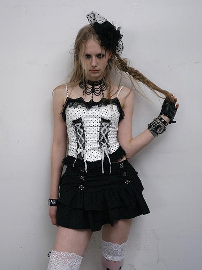 NO ROMANCE Dark Punk Lace Dot Corset Bustier Gothic Off Shoulder Top