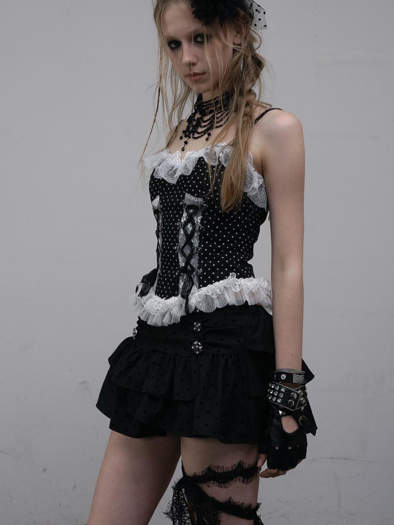 NO ROMANCE Dark Punk Lace Dot Corset Bustier Gothic Off Shoulder Top