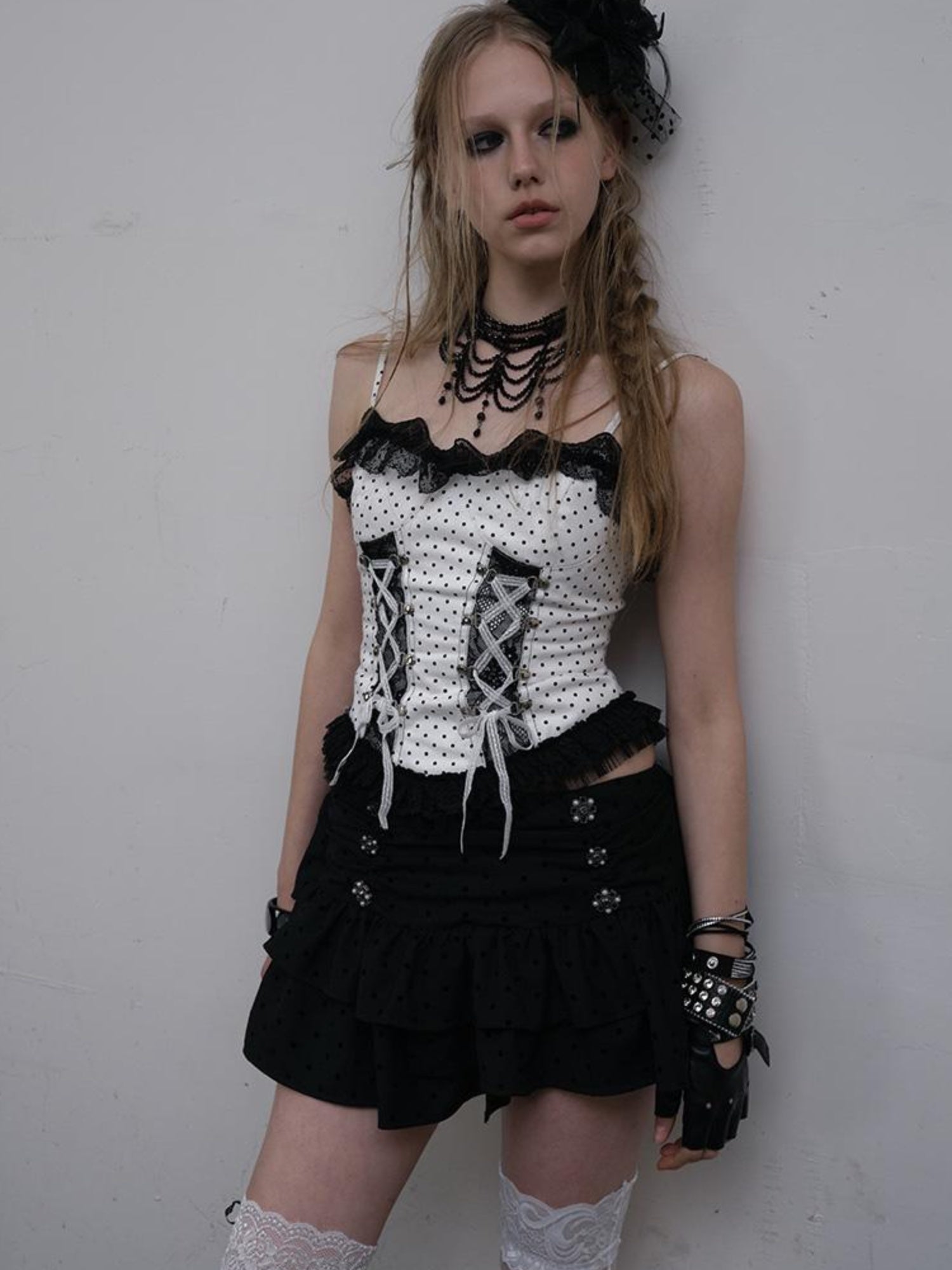 NO ROMANCE Dark Punk Lace Dot Corset Bustier Gothic Off Shoulder Top