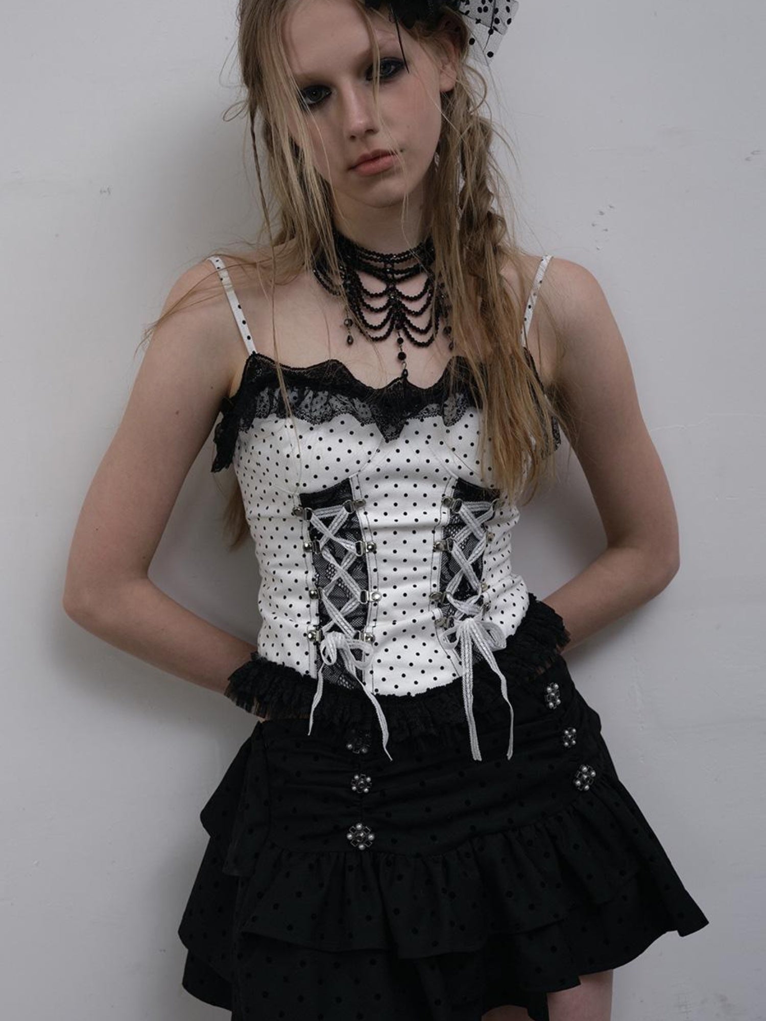 NO ROMANCE Dark Punk Lace Dot Corset Bustier Gothic Off Shoulder Top
