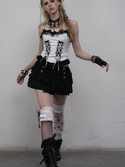 NO ROMANCE Dark Punk Lace Dot Corset Bustier Gothic Off Shoulder Top