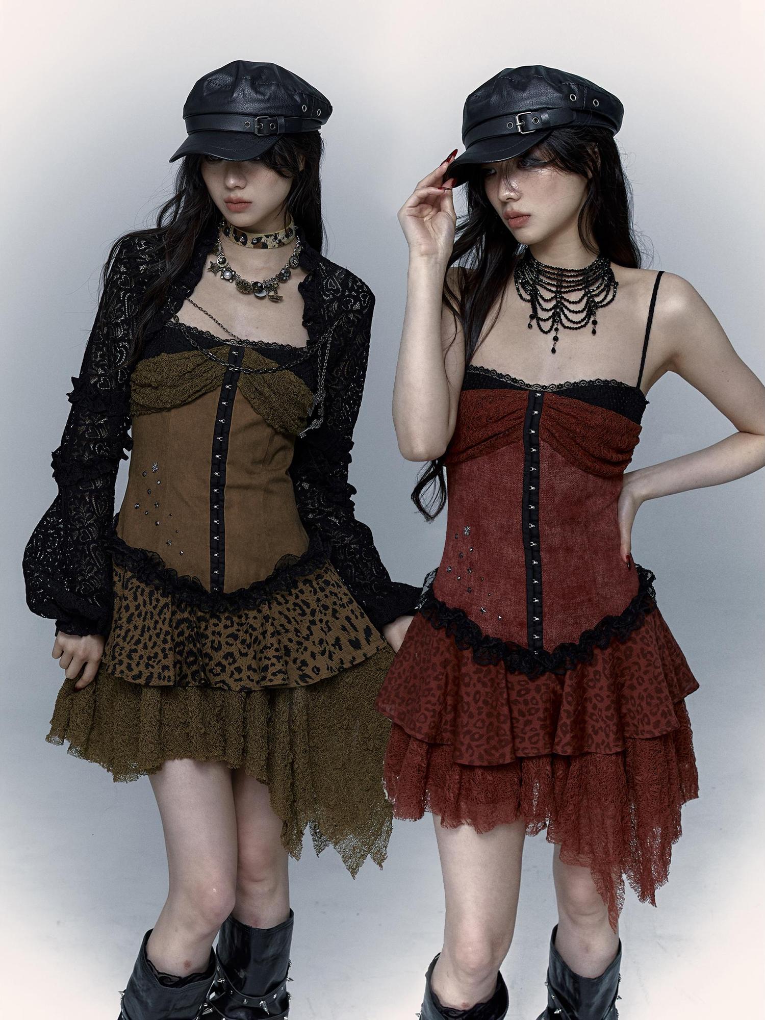 NO ROMANCE Dark Punk Patchwork Lace Asymetric Leopard Print Bodycon Dress