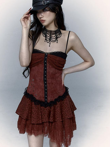 NO ROMANCE Dark Punk Patchwork Lace Asymetric Leopard Print Bodycon Dress