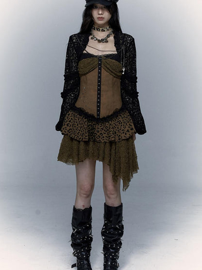 NO ROMANCE Dark Punk Patchwork Lace Asymetric Leopard Print Bodycon Dress