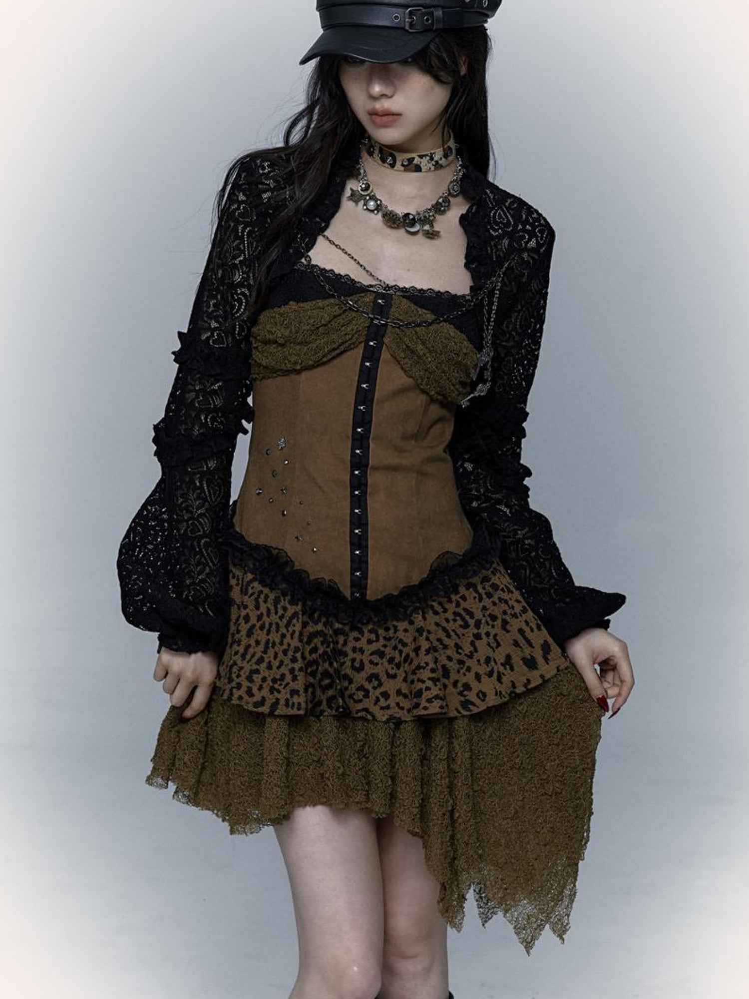 NO ROMANCE Dark Punk Patchwork Lace Asymetric Leopard Print Bodycon Dress
