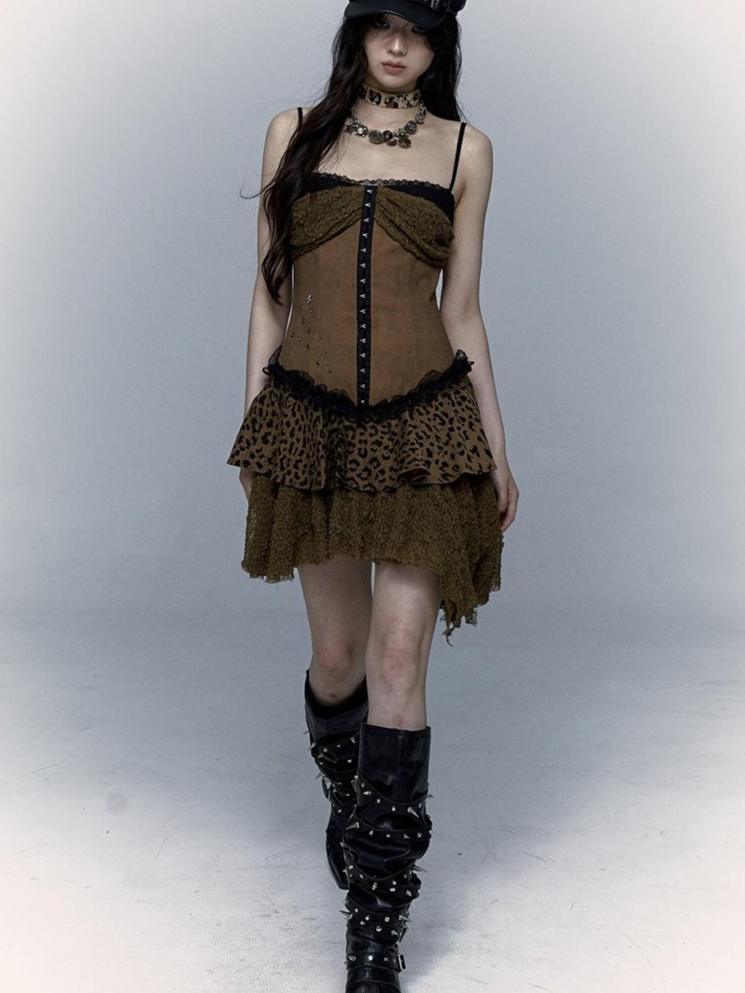 NO ROMANCE Dark Punk Patchwork Lace Asymetric Leopard Print Bodycon Dress