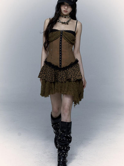 NO ROMANCE Dark Punk Patchwork Lace Asymetric Leopard Print Bodycon Dress